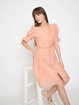 Madame - Textured Belted Peach Mini A Line Dress