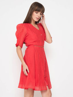 Madame - Textured Belted Red Mini A Line Dress