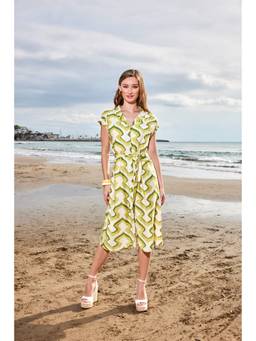 Madame - Printed and Belted Green Midi Shirt Dress