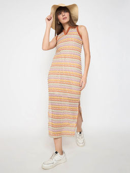 Madame - Crochet Striped Side Slit Brown Bodycon Dress