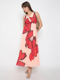 Madame - Chiffon Floral Print A Line Peach Maxi Dress