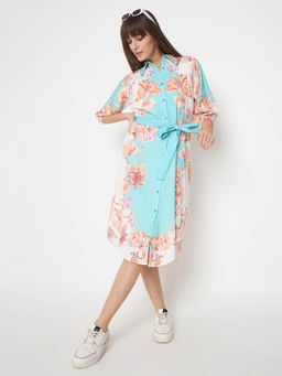 Madame - Blue Colorblock Floral Cotton Midi Shirt Belt with Dress