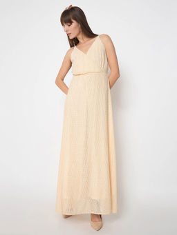 Madame - Golden Buckled Strap Self Design Beige Maxi Dress