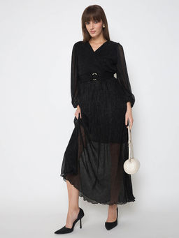 Madame - Pliss Self Design Belted Black Flared Maxi Dress