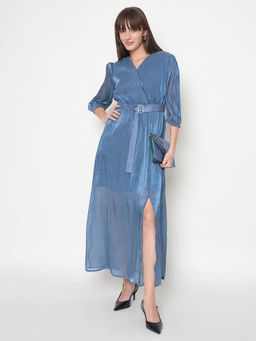 Madame - Wrinkled Lurex Self Design Belted Blue Maxi Dress