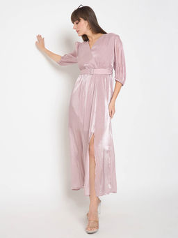 Madame - Wrinkled Lurex Self Design Belted Pink Maxi Dress
