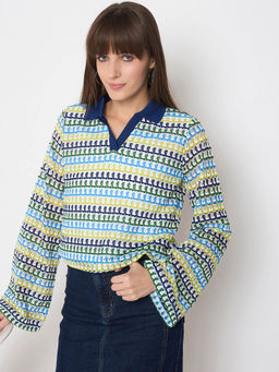 Madame - Crochet Contrasting Collar Blue Top