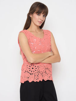 Madame - Crochet Sleeveless Solid Coral Top