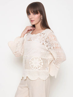 Madame - Crochet Bell Sleeve Beige Knit Top