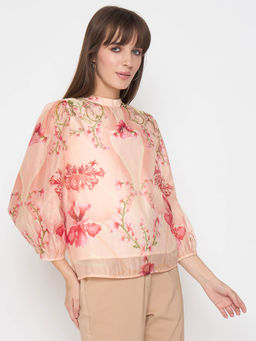 Madame - Floral Print Full Sleeve Peach Top