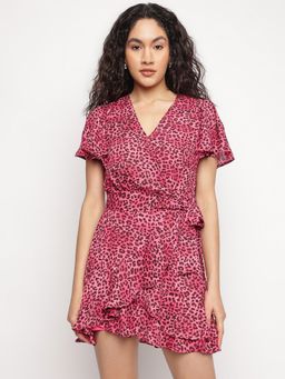Guess - Pink Animal Print V-Neck A-Line Belt with Dress