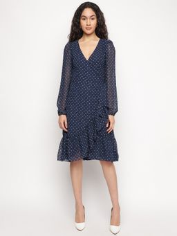 Guess - Blue Polka Dots V-Neck A-Line Dress
