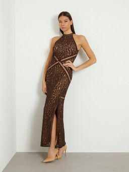 Guess - Women Brown Self Design Halter Neck Sleeveless Dress