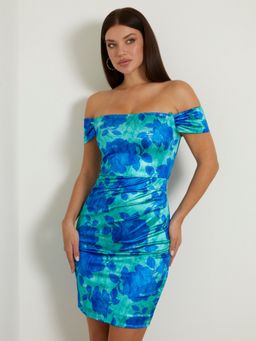Guess - Women Blue Printed Off Shoulder Short Sleeves Dress