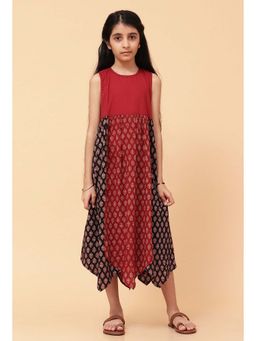 Tjori - Red Ajrakh Print Cotton Asymmetrical Dress