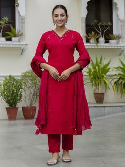 Readiprint - Cotton Fabric Red Kurta and Pant with Dupatta (Set of 3)