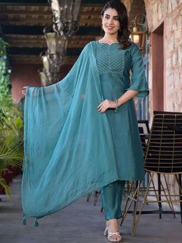 Readiprint - Silk Fabric Teal Kurta and Pant with Dupatta (Set of 3)