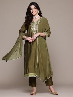 Readiprint - Silk Fabric Green Kurta and Pant with Dupatta (Set of 3)