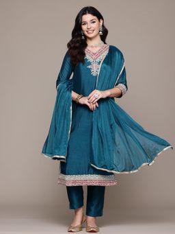 Readiprint - Silk Fabric Teal Kurta and Pant with Dupatta (Set of 3)
