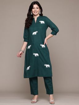 Readiprint - Cotton Fabric Dark Green Embroidered Kurta and Pant (Set of 2)