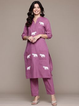Readiprint - Cotton Fabric Purple Embroidered Kurta and Pant (Set of 2)