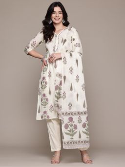 Readiprint - Cotton Cream and Purple Kurta and Pant with Dupatta (Set of 3)