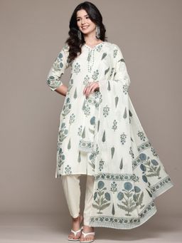 Readiprint - Cotton Cream and Blue Kurta and Pant with Dupatta (Set of 3)