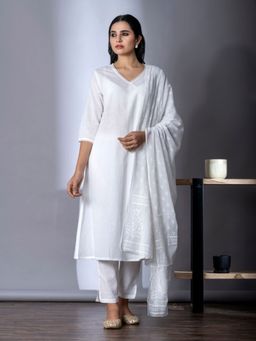 Readiprint - A-Line Cotton White Anagarkha Kurta and Pant with Dupatta (Set of 3)