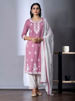 Readiprint - Cotton Pink Embroidered Kurta and Pant with Dupatta (Set of 3)