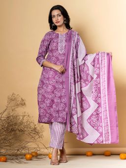 Readiprint - Cotton Blend Purple Floral Print Kurta and Pant with Dupatta (Set of 3)