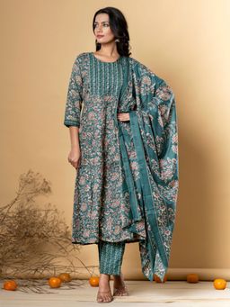 Readiprint - Cotton Blend Green Anarkali Kurta and Pant with Dupatta (Set of 3)