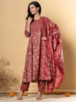 Readiprint - Cotton Blend Maroon Anarkali Kurta and Pant with Dupatta (Set of 3)