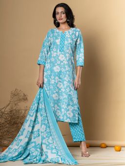 Readiprint - Cotton Blend Turquoise Floral Print Kurta and Pant with Dupatta (Set of 3)