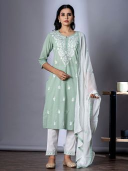 Readiprint - Cotton Green Embroidered Kurta and Pant with Dupatta (Set of 3)