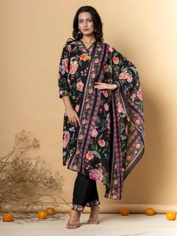 Readiprint - Cotton Black Floral Printed Kurta and Pant with Dupatta (Set of 3)