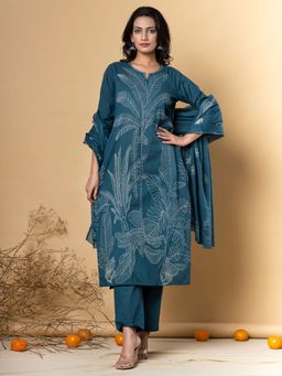 Readiprint - Cotton Teal Printed Kurta and Pant with Dupatta (Set of 3)