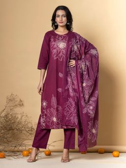 Readiprint - Cotton Purple Floral Kurta and Pant with Dupatta (Set of 3)