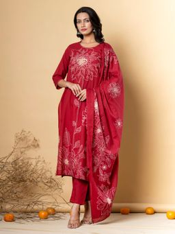 Readiprint - Cotton Red Floral Kurta and Pant with Dupatta (Set of 3)