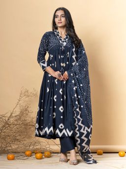Readiprint - Cotton Navy Blue Anarkali Kurta and Pant with Dupatta (Set of 3)