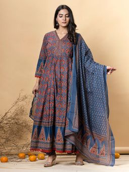 Readiprint - Cotton Blue Anarkali Style Kurta and Pant with Dupatta (Set of 3)