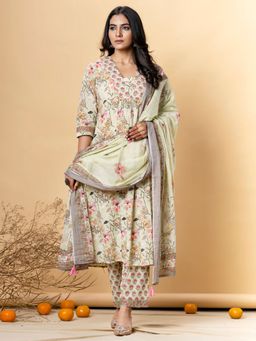 Readiprint - A-Line Style Cotton Green Printed Kurta and Pant with Dupatta (Set of 3)