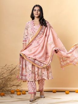 Readiprint - A-Line Style Cotton Pink Printed Kurta and Pant with Dupatta (Set of 3)