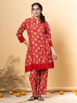 Readiprint - Cotton Fabric Red Floral Print Kurta and Pant (Set of 2)
