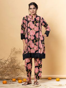Readiprint - Cotton Fabric Black Floral Printed Kurta and Pant (Set of 2)