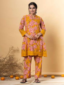 Readiprint - Cotton Fabric Yellow Floral Printed Kurta and Pant (Set of 2)