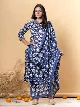 Readiprint - Cotton Blend Navy Blue Printed Kurta and Pant with Dupatta (Set of 3)