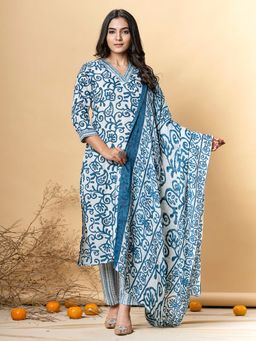 Readiprint - Cotton Blend Blue Printed Kurta and Pant with Dupatta (Set of 3)