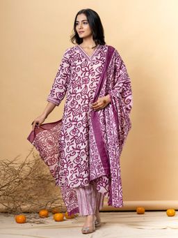 Readiprint - Cotton Blend Burgundy Printed Kurta and Pant with Dupatta (Set of 3)