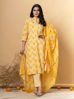 Readiprint - Cotton Blend Yellow Color Kurta and Pant with Dupatta (Set of 3)