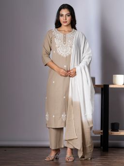 Readiprint - Cotton Brown Embroidered Kurta and Pant with Dupatta (Set of 3)